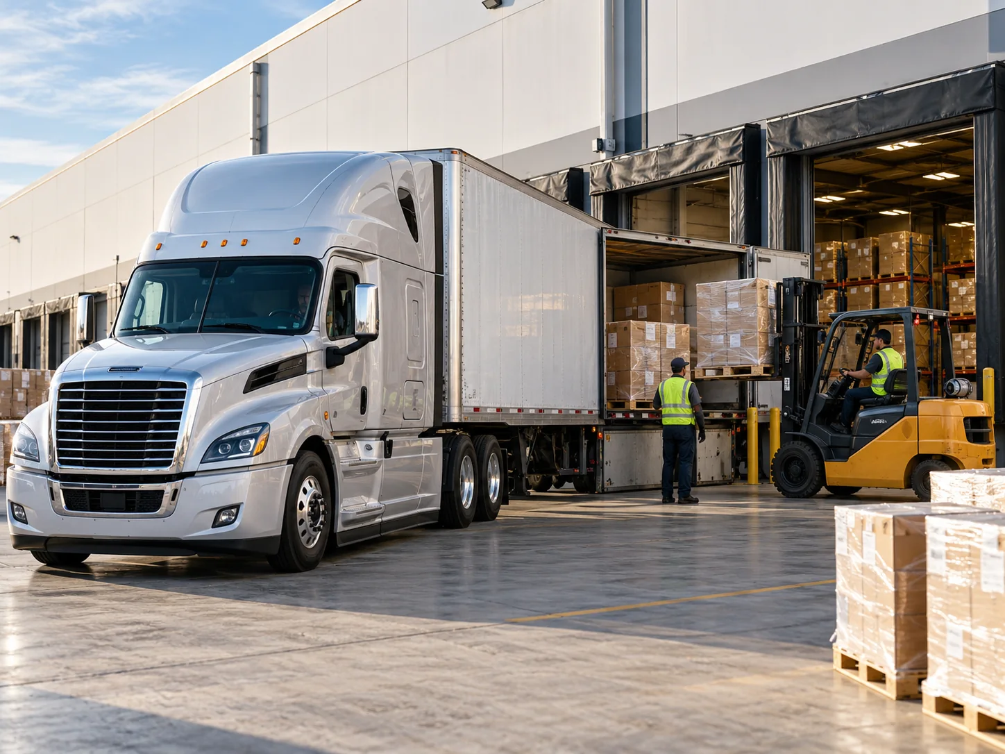 Unloading cargo from a truck at a commercial warehouse